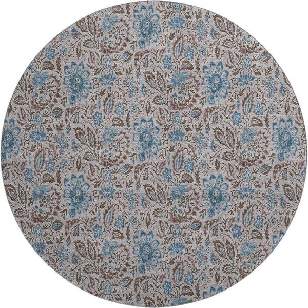 HomeRoots 8' Floral Washable Round Rug in Coffee & Blue - UV Protected, Durable, Stylish for Family Homes 654991