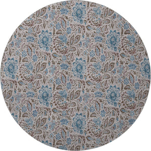 HomeRoots 8' Floral Washable Round Rug in Coffee & Blue - UV Protected, Durable, Stylish for Family Homes 654991