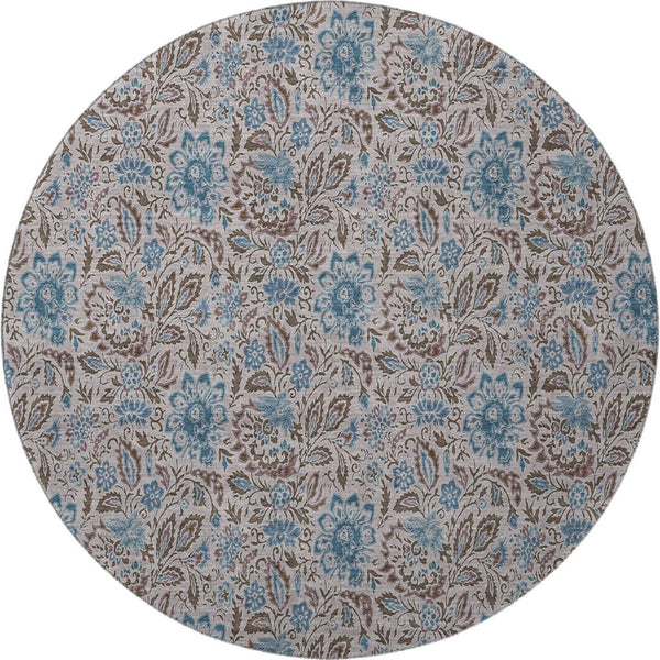 HomeRoots 8' Floral Washable Round Rug in Coffee & Blue - UV Protected, Durable, Stylish for Family Homes 654991