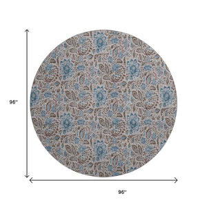 HomeRoots 8' Floral Washable Round Rug in Coffee & Blue - UV Protected, Durable, Stylish for Family Homes 654991