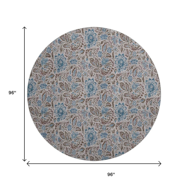 HomeRoots 8' Floral Washable Round Rug in Coffee & Blue - UV Protected, Durable, Stylish for Family Homes 654991