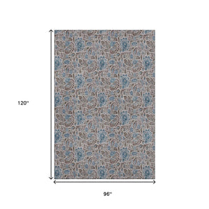 HomeRoots 8' X 10' Floral Area Rug in Coffee and Blue - Washable, UV-Protected, Stylish & Durable for Homes 654992