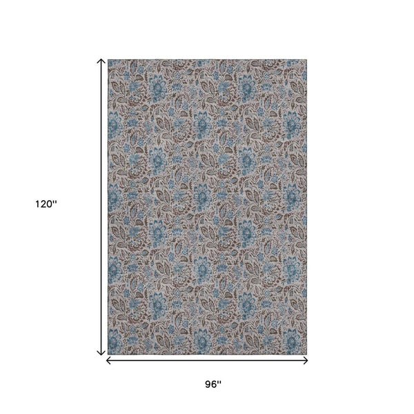 HomeRoots 8' X 10' Floral Area Rug in Coffee and Blue - Washable, UV-Protected, Stylish & Durable for Homes 654992