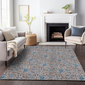 HomeRoots 8' X 10' Floral Area Rug in Coffee and Blue - Washable, UV-Protected, Stylish & Durable for Homes 654992