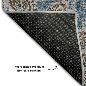 HomeRoots 8' X 10' Floral Area Rug in Coffee and Blue - Washable, UV-Protected, Stylish & Durable for Homes 654992