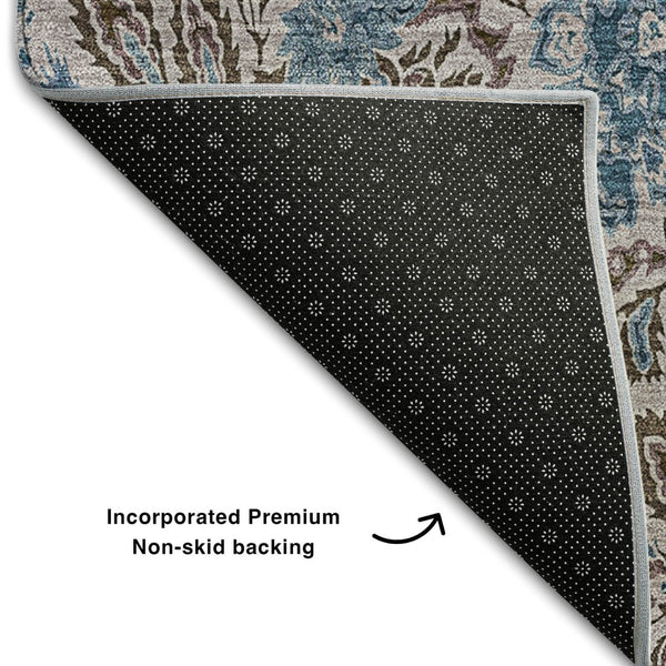 HomeRoots 8' X 10' Floral Area Rug in Coffee and Blue - Washable, UV-Protected, Stylish & Durable for Homes 654992