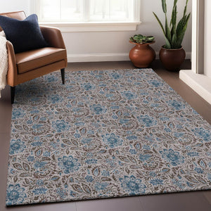 HomeRoots 8' X 10' Floral Area Rug in Coffee and Blue - Washable, UV-Protected, Stylish & Durable for Homes 654992