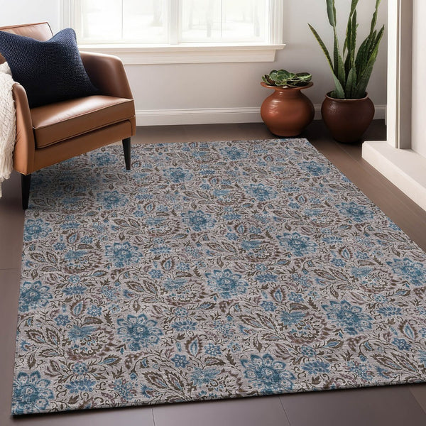 HomeRoots 8' X 10' Floral Area Rug in Coffee and Blue - Washable, UV-Protected, Stylish & Durable for Homes 654992