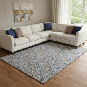 HomeRoots 8' X 10' Floral Area Rug in Coffee and Blue - Washable, UV-Protected, Stylish & Durable for Homes 654992