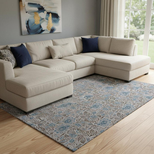 HomeRoots 9' X 12' Coffee & Blue Floral Washable Area Rug - Durable, Stain-Resistant, UV Protected Beauty! 654993