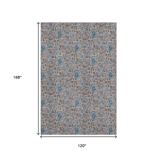 HomeRoots 10' X 14' Coffee & Blue Floral Area Rug – Durable, Stain-Resistant, UV Protected for Family Spaces 654994