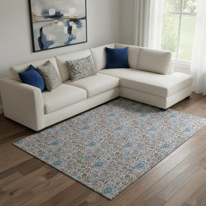 HomeRoots 10' X 14' Coffee & Blue Floral Area Rug – Durable, Stain-Resistant, UV Protected for Family Spaces 654994