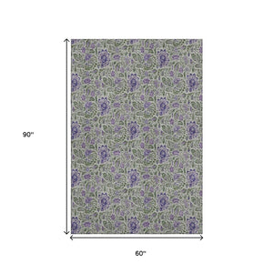 HomeRoots 5' X 8' Olive Green & Purple Floral Washable Area Rug - Durable, UV-Protected & Pet-Friendly Design 654996
