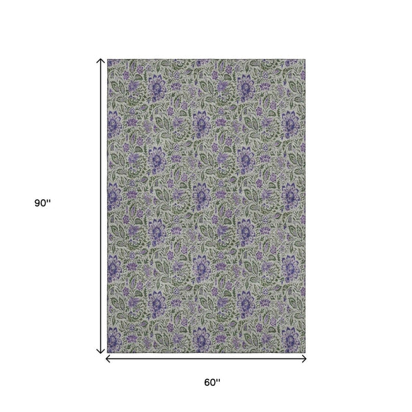 HomeRoots 5' X 8' Olive Green & Purple Floral Washable Area Rug - Durable, UV-Protected & Pet-Friendly Design 654996
