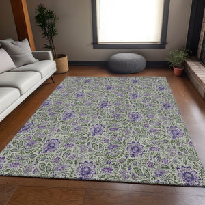 HomeRoots 5' X 8' Olive Green & Purple Floral Washable Area Rug - Durable, UV-Protected & Pet-Friendly Design 654996