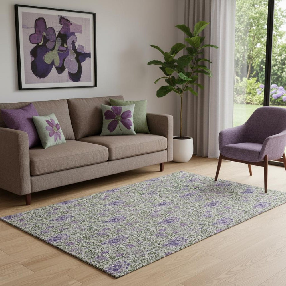HomeRoots 5' X 8' Olive Green & Purple Floral Washable Area Rug - Durable, UV-Protected & Pet-Friendly Design 654996