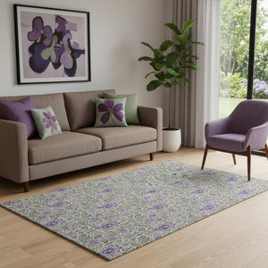 HomeRoots 5' X 8' Olive Green & Purple Floral Washable Area Rug - Durable, UV-Protected & Pet-Friendly Design 654996
