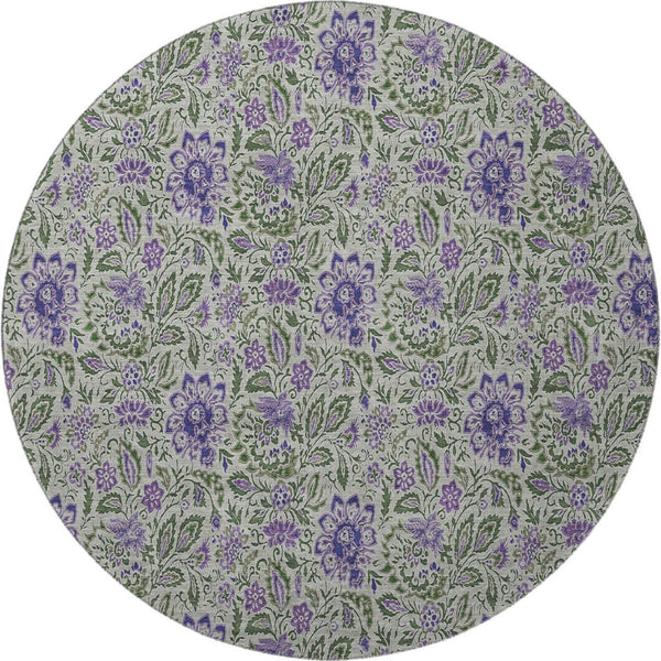 HomeRoots 8' Olive Green and Purple Floral Washable Round Area Rug – UV Protected, Stain Resistant Beauty! 654997