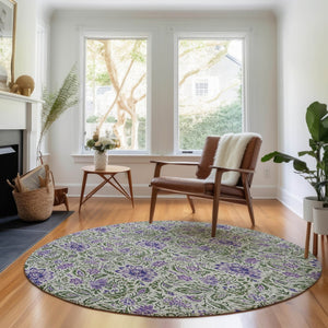 HomeRoots 8' Olive Green and Purple Floral Washable Round Area Rug – UV Protected, Stain Resistant Beauty! 654997