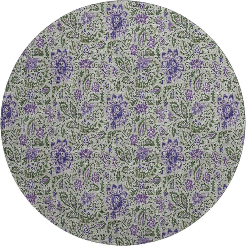 HomeRoots 8' Olive Green and Purple Floral Washable Round Area Rug – UV Protected, Stain Resistant Beauty! 654997