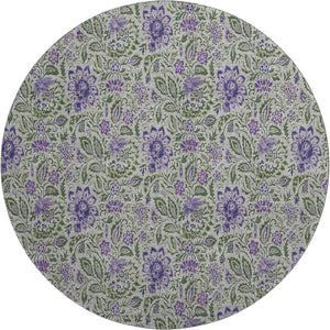HomeRoots 8' Olive Green and Purple Floral Washable Round Area Rug – UV Protected, Stain Resistant Beauty! 654997