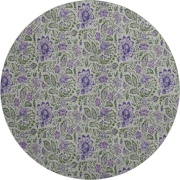 HomeRoots 8' Olive Green and Purple Floral Washable Round Area Rug – UV Protected, Stain Resistant Beauty! 654997