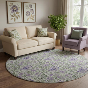 HomeRoots 8' Olive Green and Purple Floral Washable Round Area Rug – UV Protected, Stain Resistant Beauty! 654997