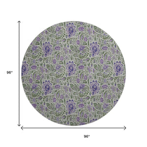HomeRoots 8' Olive Green and Purple Floral Washable Round Area Rug – UV Protected, Stain Resistant Beauty! 654997