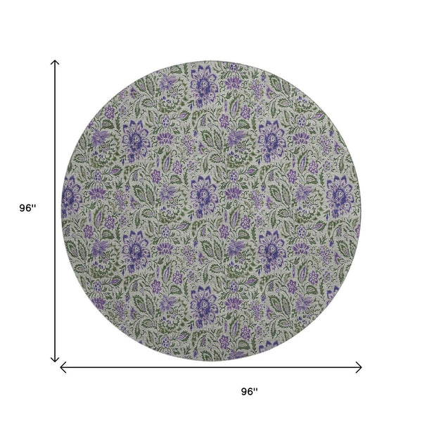 HomeRoots 8' Olive Green and Purple Floral Washable Round Area Rug – UV Protected, Stain Resistant Beauty! 654997