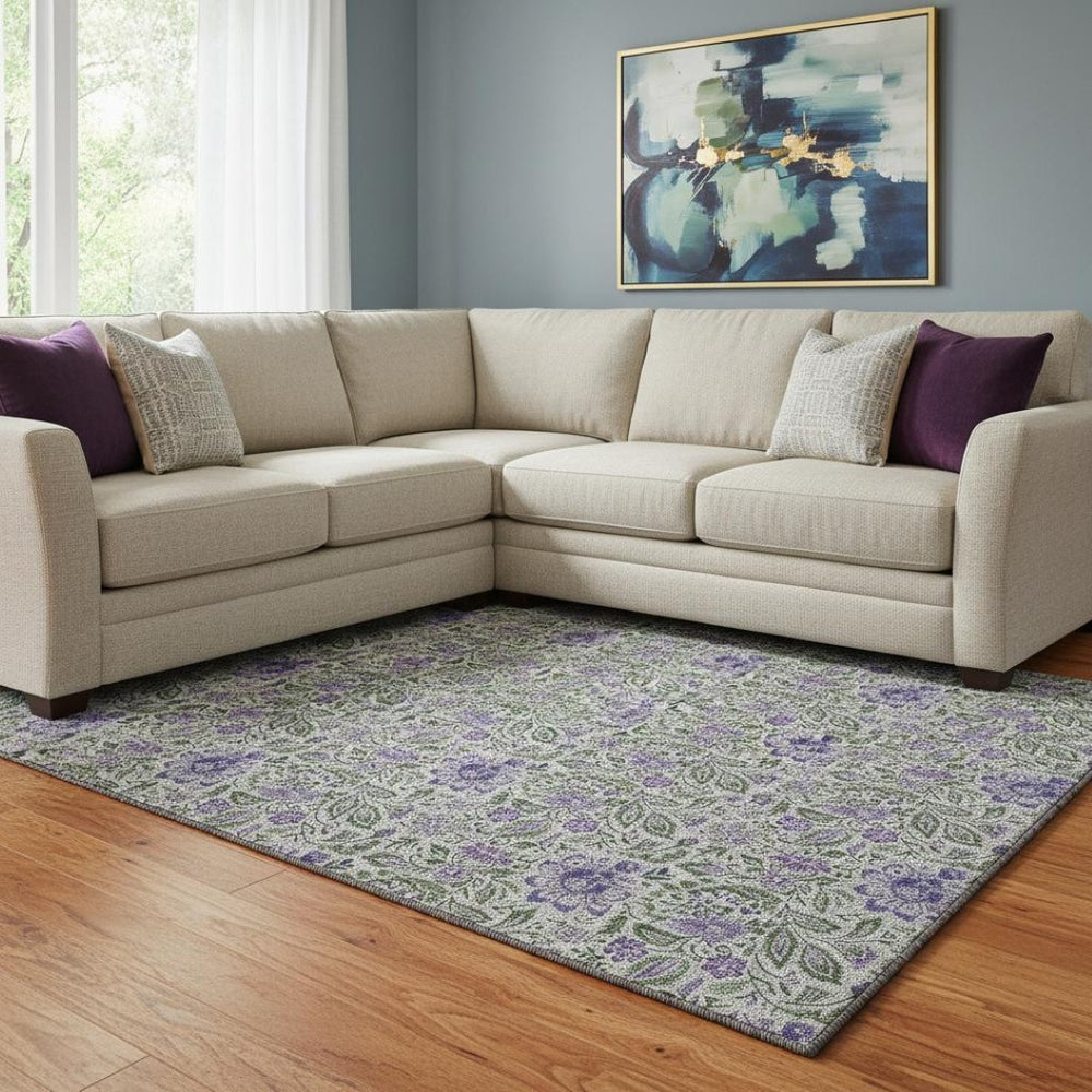 HomeRoots 8' X 10' Olive Green and Purple Floral Area Rug – Washable, UV-Protected, Perfect for Busy Homes! 654998