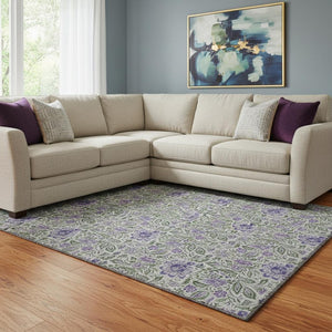 HomeRoots 8' X 10' Olive Green and Purple Floral Area Rug – Washable, UV-Protected, Perfect for Busy Homes! 654998