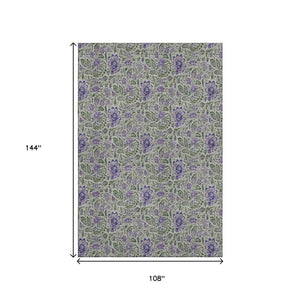 HomeRoots 9' X 12' Stylish Olive Green & Purple Floral Area Rug - Washable, UV Protected, Pet-Friendly Design! 654999