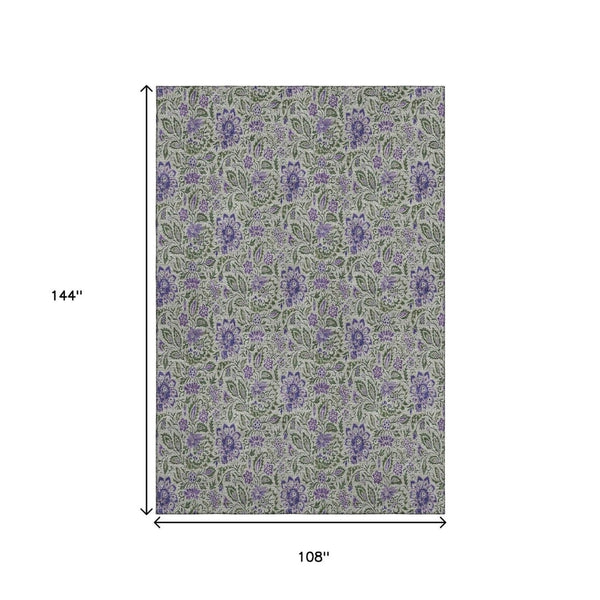 HomeRoots 9' X 12' Stylish Olive Green & Purple Floral Area Rug - Washable, UV Protected, Pet-Friendly Design! 654999