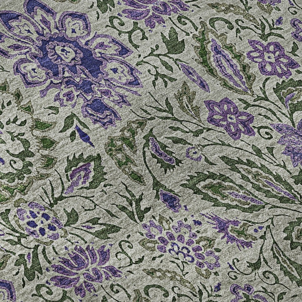 HomeRoots 9' X 12' Stylish Olive Green & Purple Floral Area Rug - Washable, UV Protected, Pet-Friendly Design! 654999