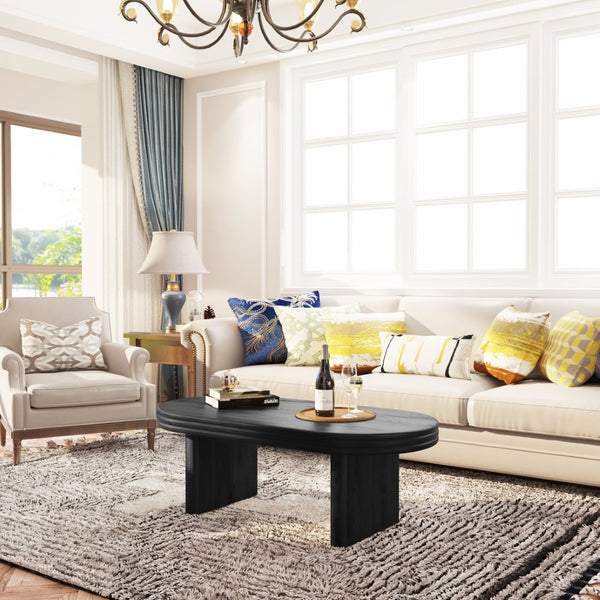 English Elm Mid Century Modern Oval Fluted Coffee Table with Wood Veneer for Living Room Black W757P370255