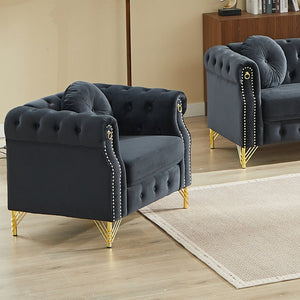 English Elm Velvet Tufted Chesterfield Sofa with Copper Stud Trim and Gold Metal Legs Black W834P423610