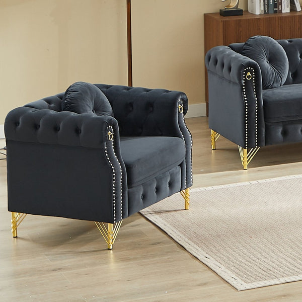 English Elm Velvet Tufted Chesterfield Sofa with Copper Stud Trim and Gold Metal Legs Black W834P423610