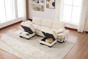English Elm Sectional Cloud Sofa Modular Deep Seat Corduroy Upholstered Living Room Couch with Storage Beige W395S00129