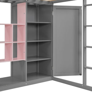 English Elm Twin Loft Bed with Wardrobe Shelves and Cabinet Kids Bedroom Wood Storage Frame Pink+Grey N708S00024E
