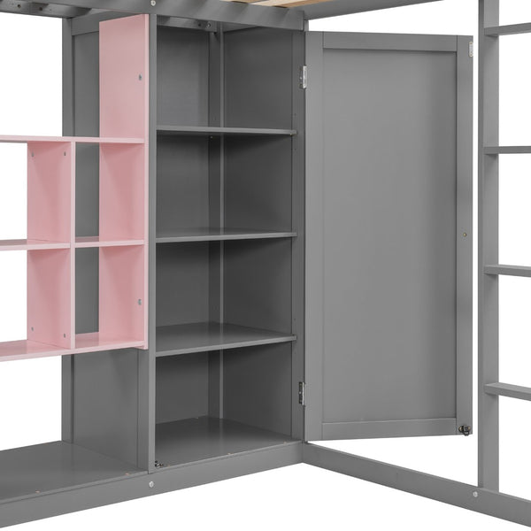 English Elm Twin Loft Bed with Wardrobe Shelves and Cabinet Kids Bedroom Wood Storage Frame Pink+Grey N708S00024E