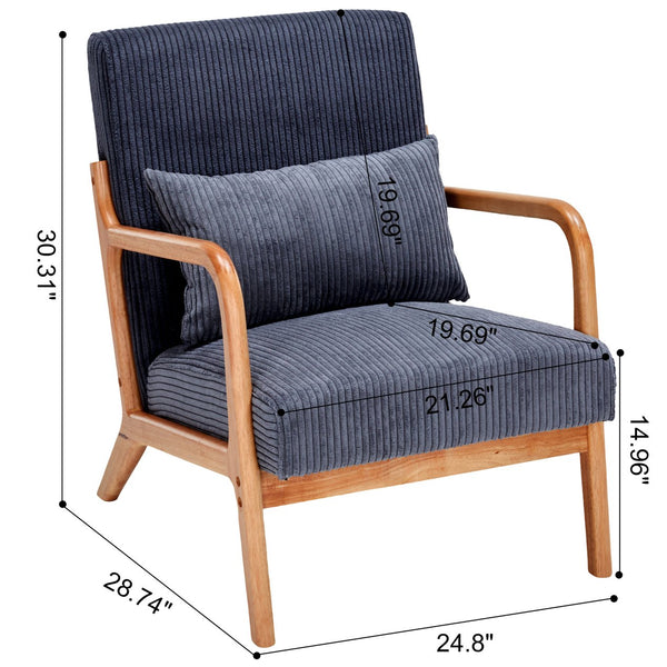 English Elm Mid-Century Ergonomic Accent Chair Antique Dark Grey Upholstered Reading Armchair with Pillow, Solid Wood Frame, Multi-Scene Comfort W2989P241943