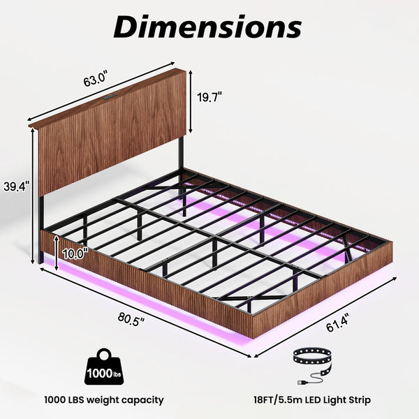English Elm Walnut Queen Floating Bed Frame with LED Lights, Wavy Headboard, Built-In Charging Station, 1000LB Capacity W1820P329697