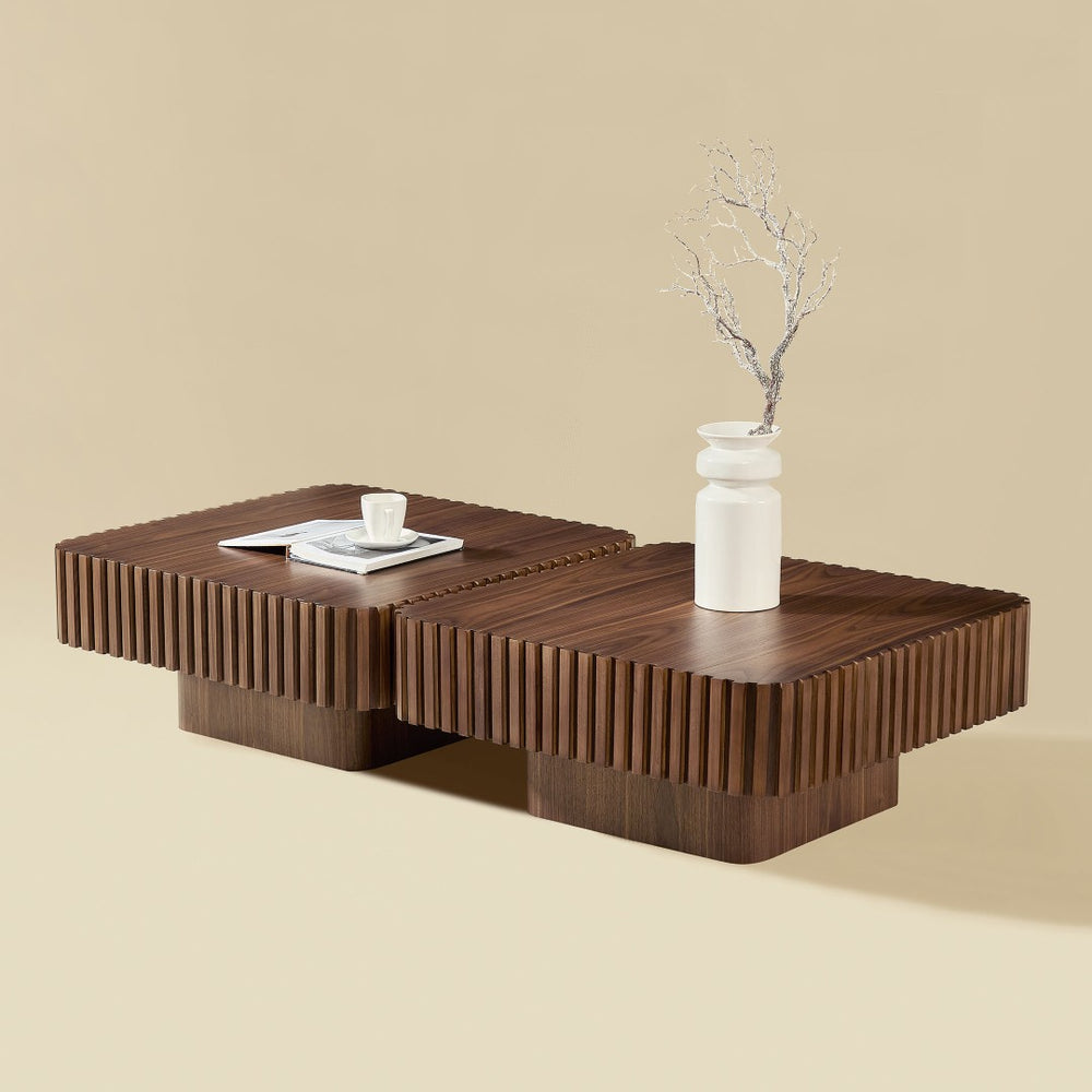 English Elm 2-piece Nesting Round Coffee Table Set Wood Veneer Sculptural Living Room Accent Walnut W2582S00182