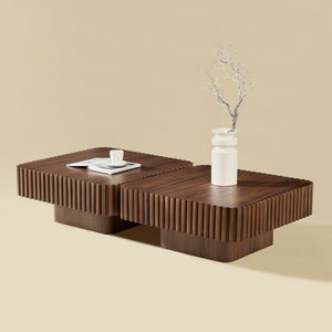 English Elm 2-piece Nesting Round Coffee Table Set Wood Veneer Sculptural Living Room Accent Walnut W2582S00182