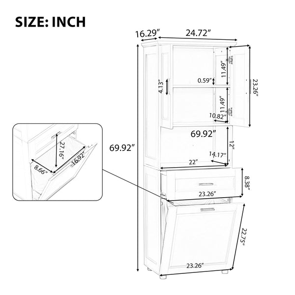 English Elm Tall Bathroom Cabinet with Tilt-Out Laundry Hamper, Adjustable Shelves, Anti-Tip Design & Large Storage White WF323481AAK