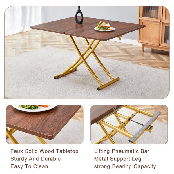 English Elm Table and Chair Set Adjustable Height Mdf Wood Grain Top with Four Linen Dining Chairs Golden+White W1151S03784