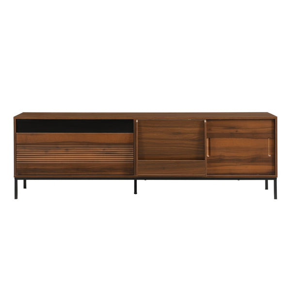 English Elm U-can Mid Century Walnut Media Console with Sliding Doors and Metal Frame for Living Rooms Brown N724P360370D