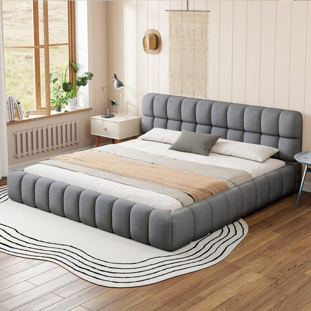 English Elm King Channel Stitched Linen Platform Bed Low Profile Contemporary Upholstered Frame Gray N737P387605E