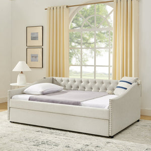 English Elm Full Size Upholstered Daybed with Trundle Usb Ports Tufted Back Wave Arms W1413S00158