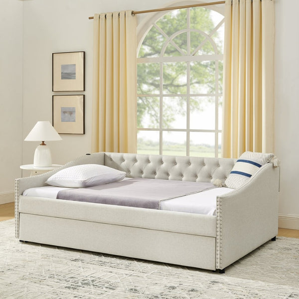 English Elm Full Size Upholstered Daybed with Trundle Usb Ports Tufted Back Wave Arms W1413S00158
